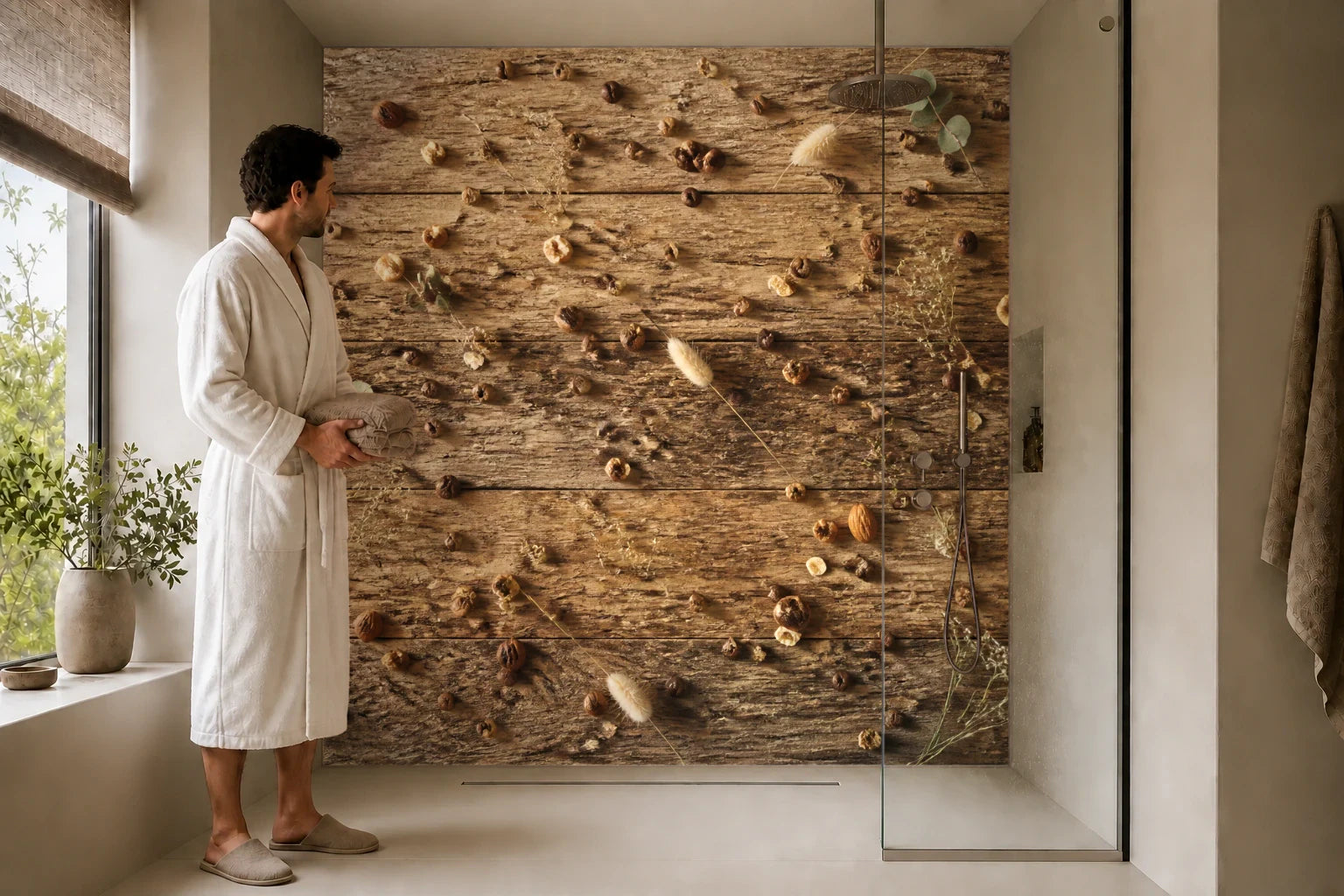 Duschrückwand „Kaffeeduft am Holztisch“ in einer Dusche mit einem Mann im Bademantel