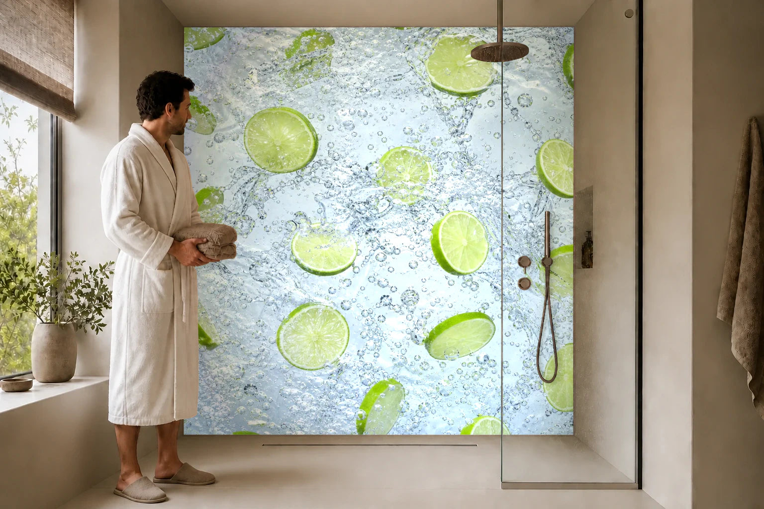 Duschrückwand „Limettenfrische im Wasser“ in einer Dusche mit einem Mann im Bademantel