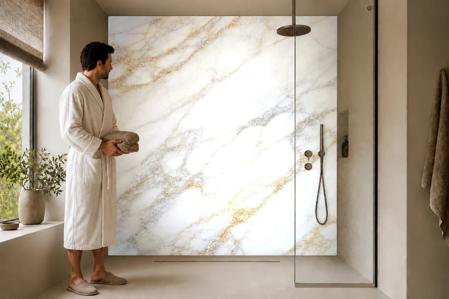 Duschrückwand „Goldader auf Weißmarmor“ in einer Dusche mit einem Mann im Bademantel