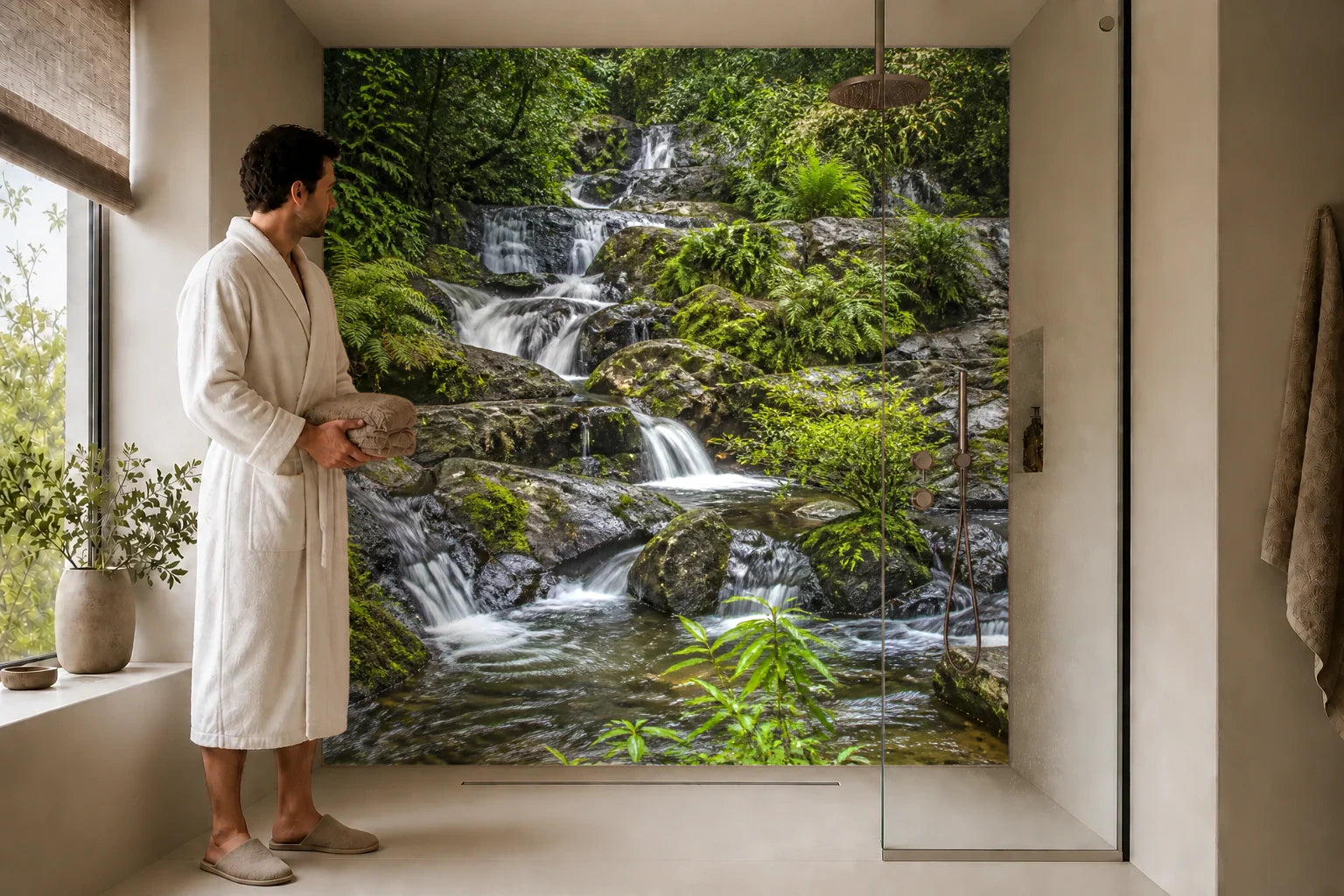 Duschrückwand „Regenwaldkaskade im Grün“ in einer Dusche mit einem Mann im Bademantel