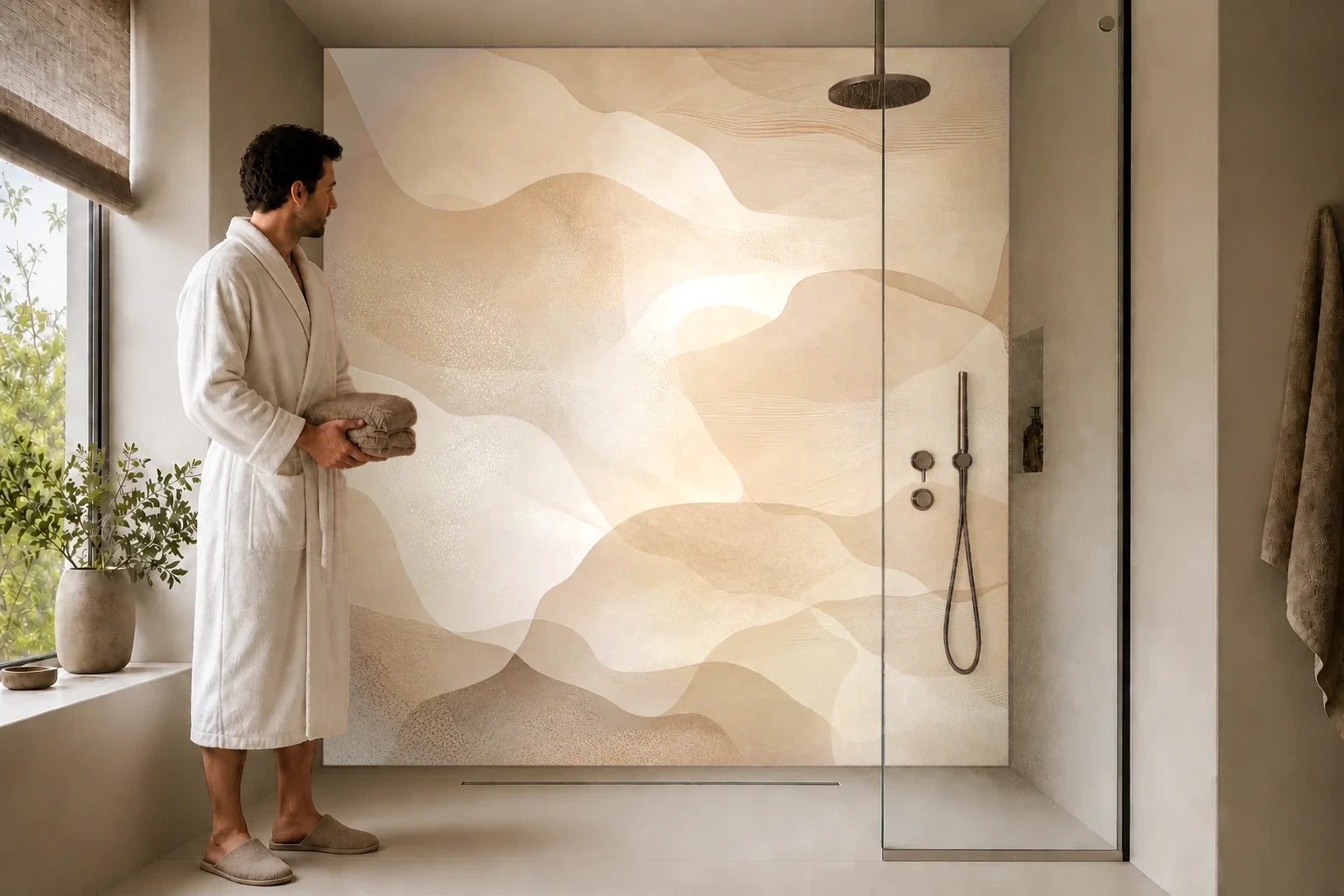 Duschrückwand „Weite Sandbewegung“ in einer Dusche mit einem Mann im Bademantel