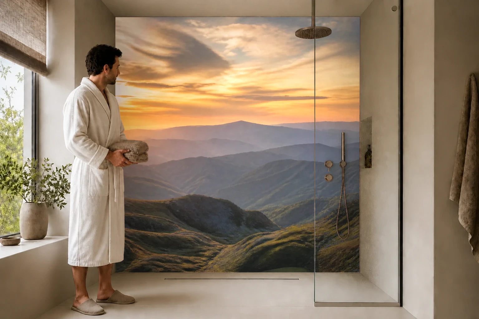 Duschrückwand „Berglinien im Goldabend“ in einer Dusche mit einem Mann im Bademantel