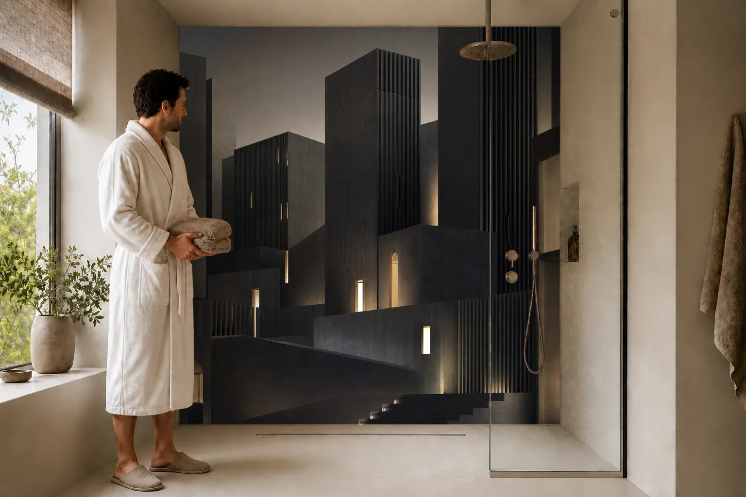 Duschrückwand „Urbane Nachtlinien“ in einer Dusche mit einem Mann im Bademantel