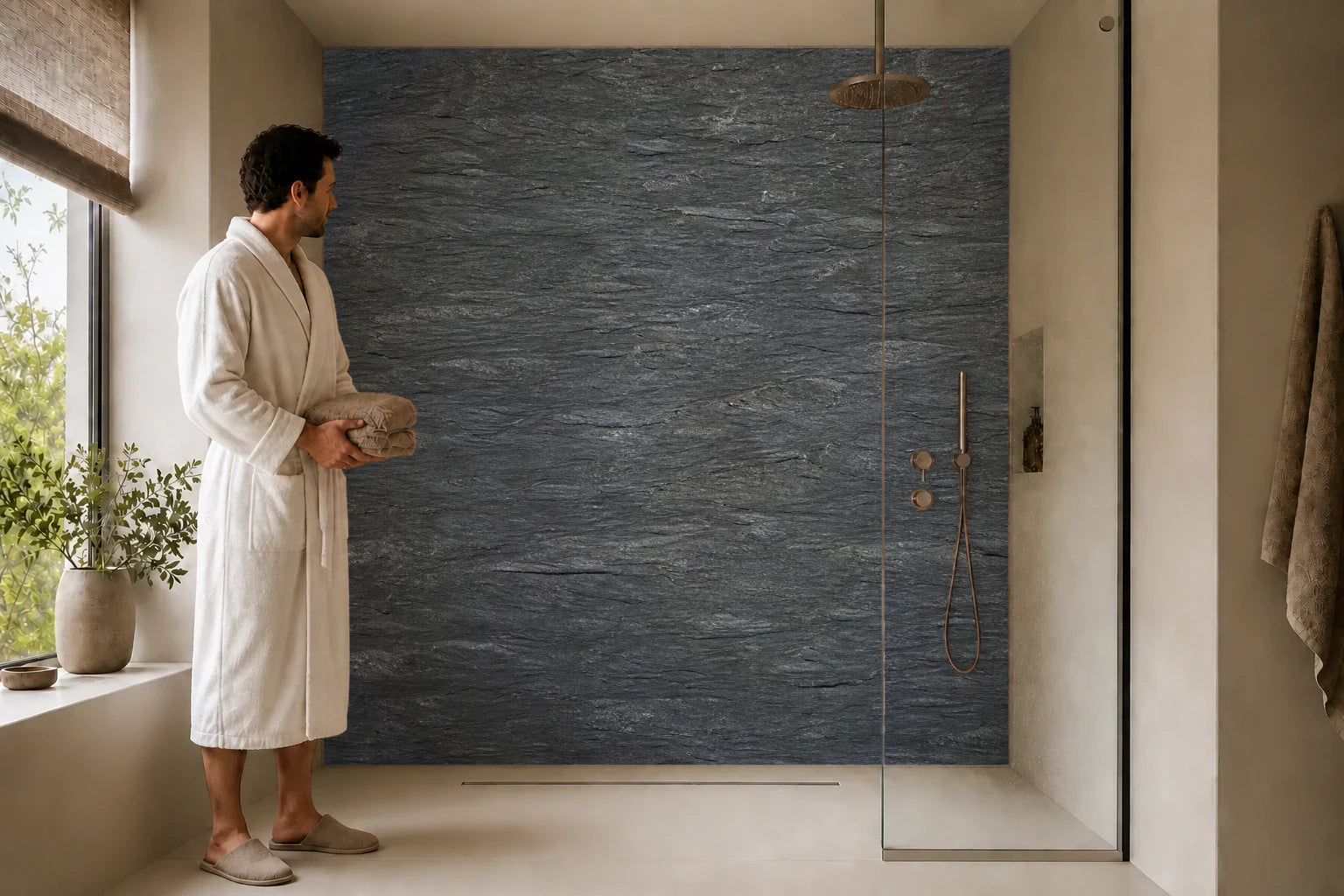 Duschrückwand „Schiefer in Graphitruhe“ in einer Dusche mit einem Mann im Bademantel