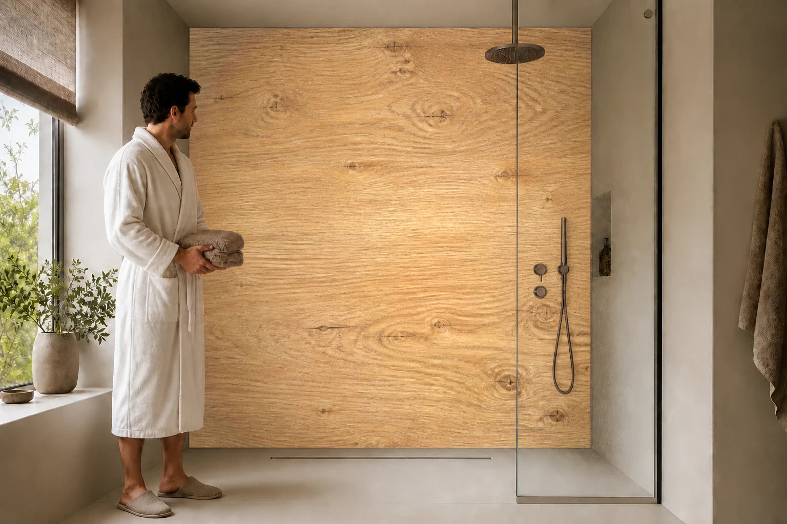 Duschrückwand „Eiche im Honigton“ in einer Dusche mit einem Mann im Bademantel