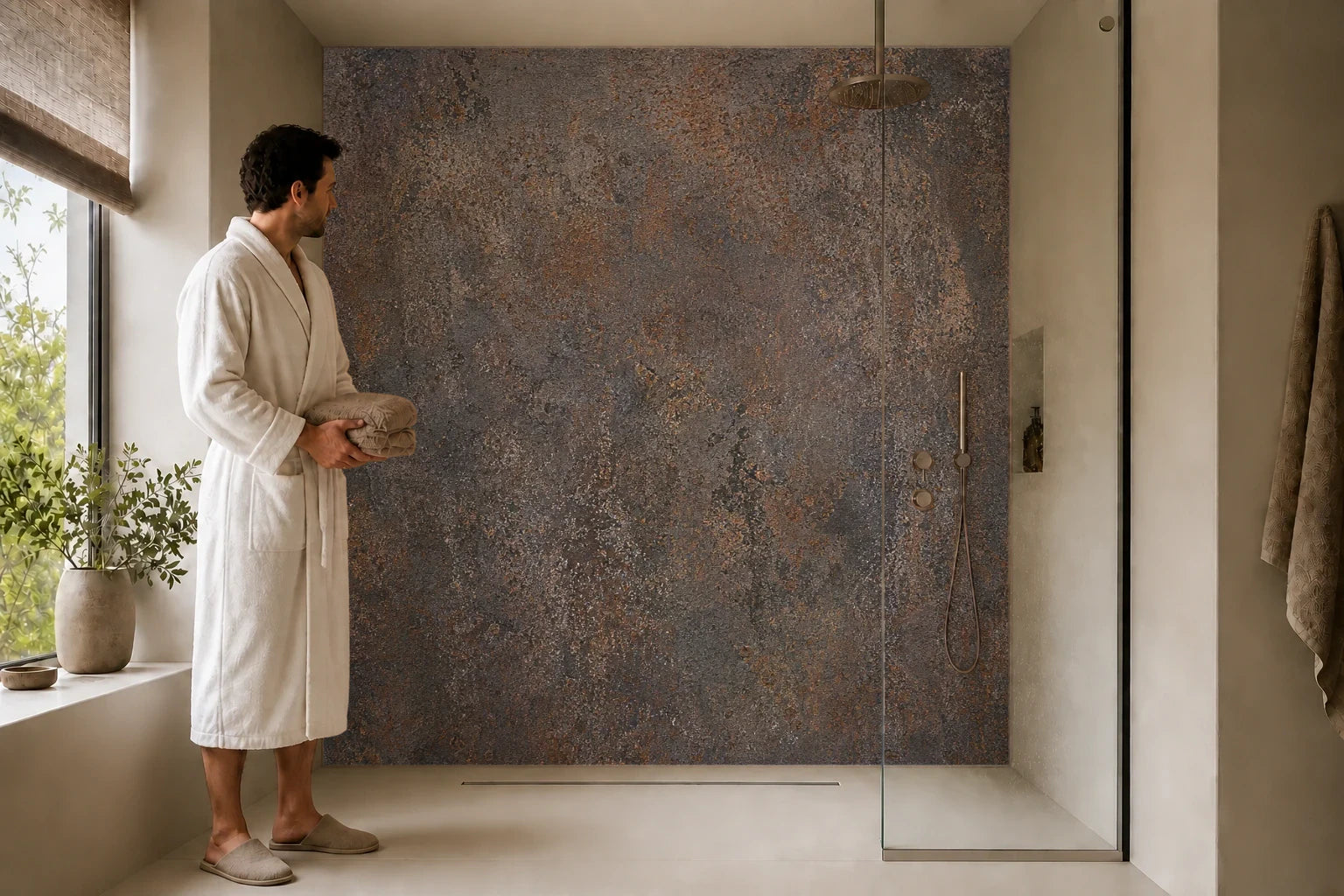 Duschrückwand „Eisenhaut im Nahblick“ in einer Dusche mit einem Mann im Bademantel