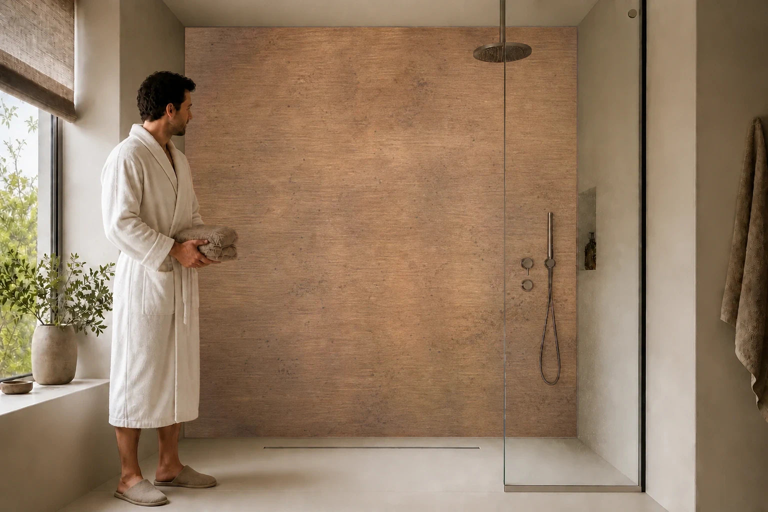 Duschrückwand „Kupferbronze im Abendton“ in einer Dusche mit einem Mann im Bademantel