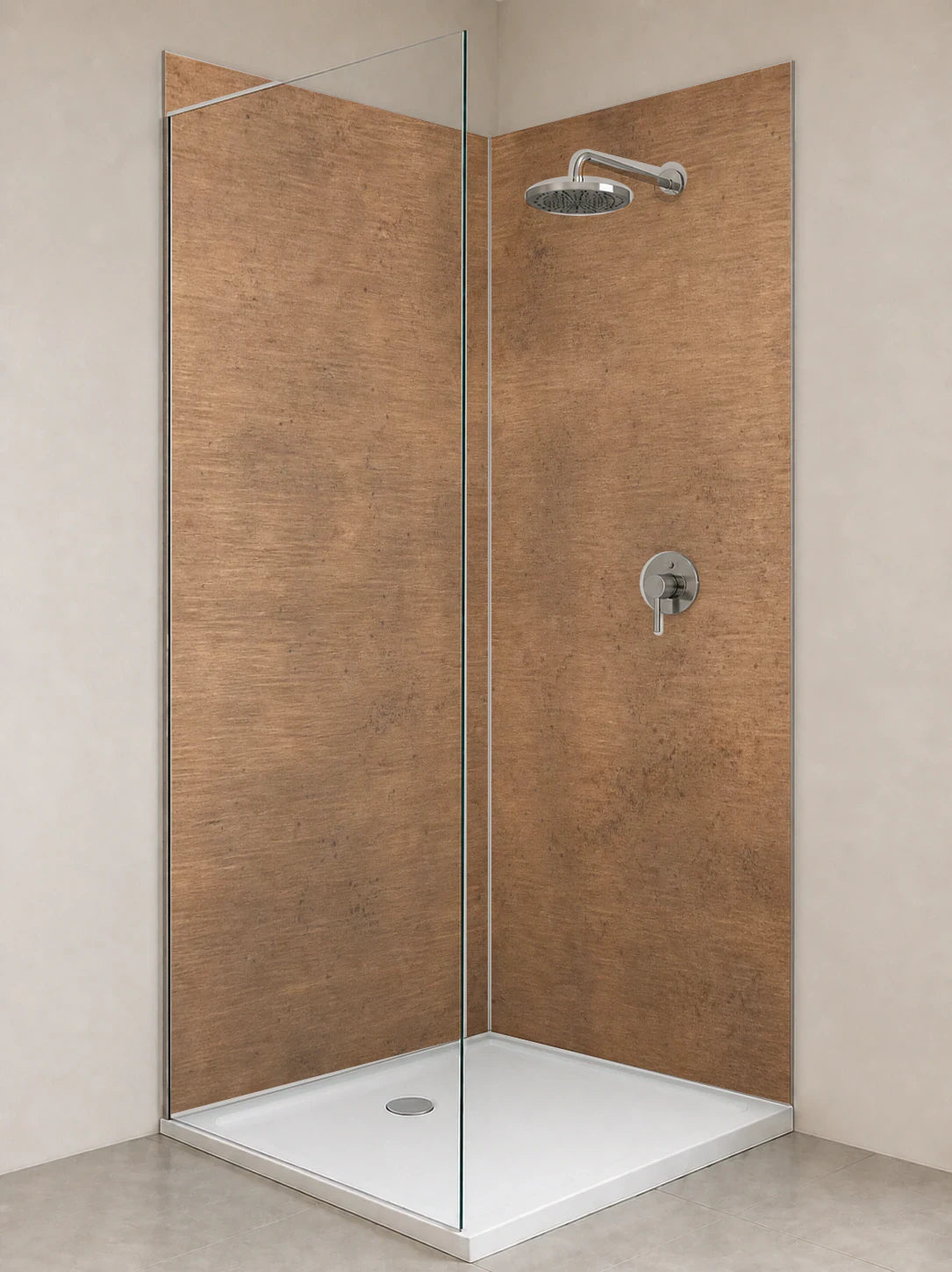 Duschrückwand „Kupferbronze im Abendton“ als installierte Rückwand in einer hellen Dusche