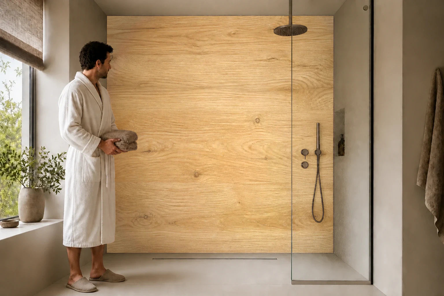 Duschrückwand „Honigeiche im Tageslicht“ in einer Dusche mit einem Mann im Bademantel
