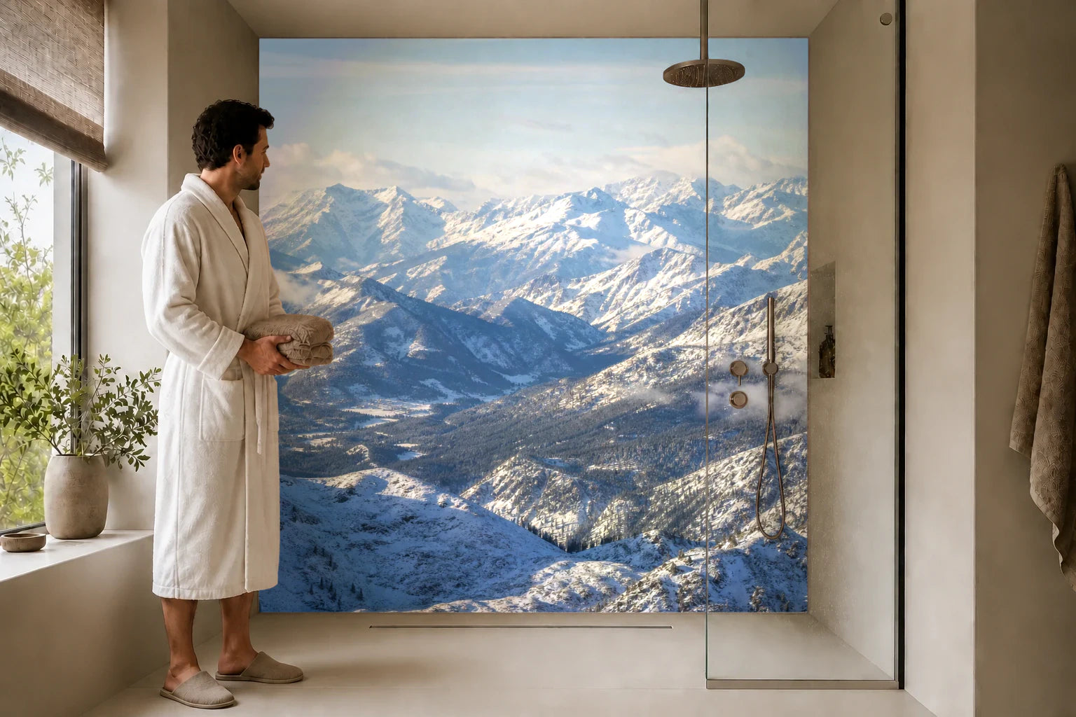 Duschrückwand „Wintergipfel in klarer Weite“ in einer Dusche mit einem Mann im Bademantel