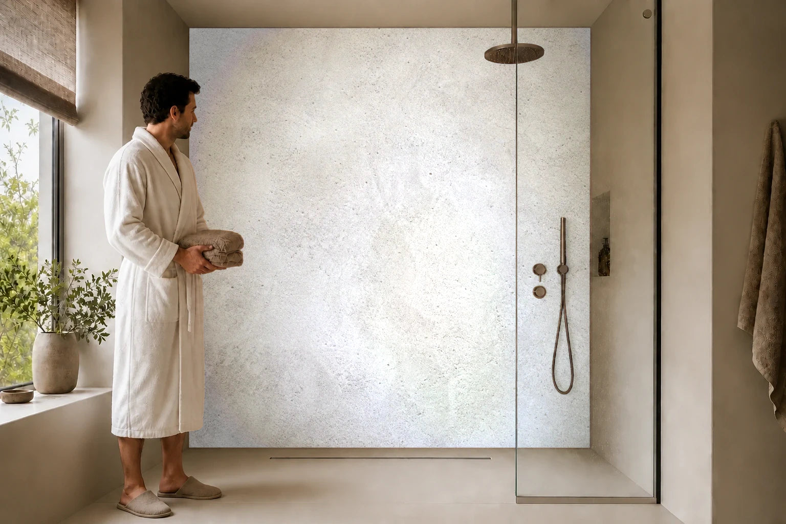 Duschrückwand „Weißbeton mit Kreideporen“ in einer Dusche mit einem Mann im Bademantel