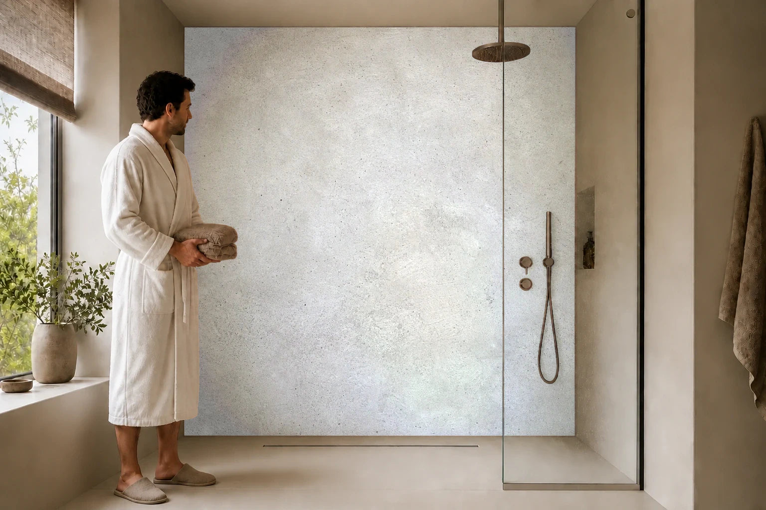 Duschrückwand „Heller Mineralnebel“ in einer Dusche mit einem Mann im Bademantel