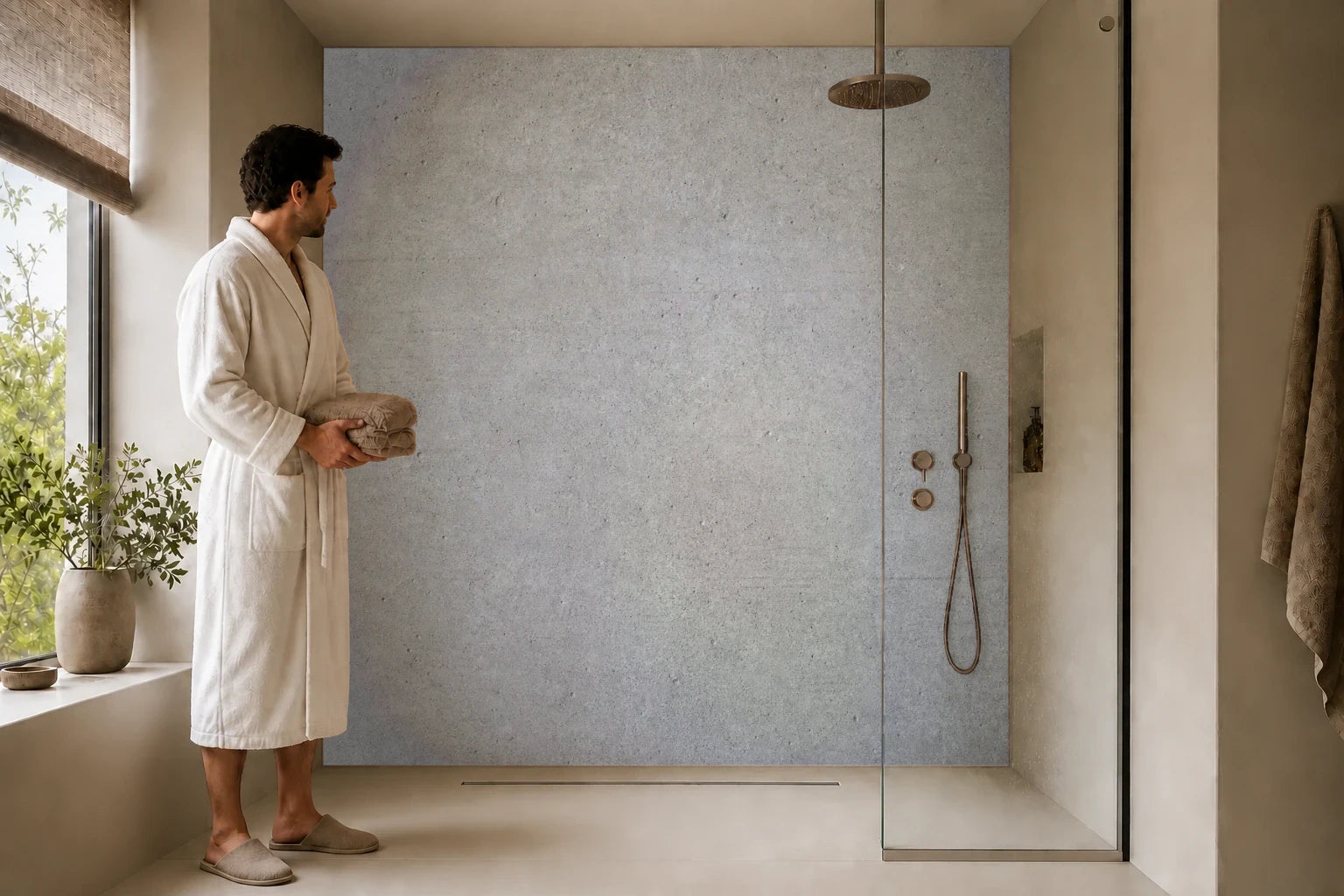 Duschrückwand „Kühles Schieferfeld“ in einer Dusche mit einem Mann im Bademantel