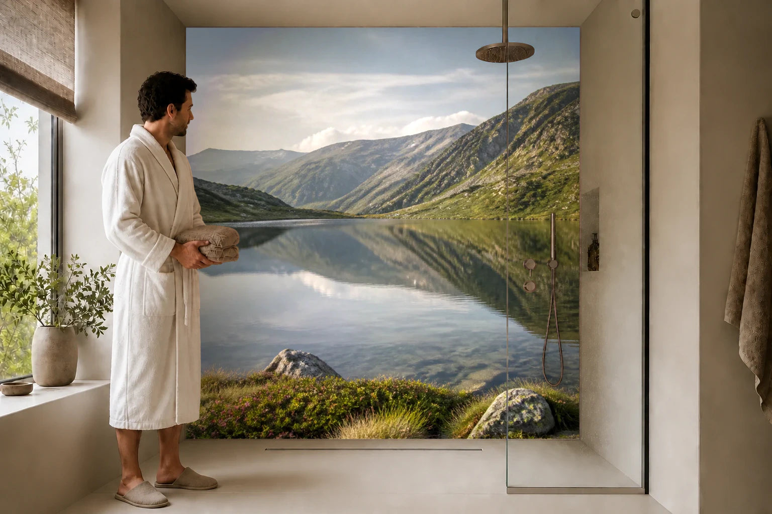 Duschrückwand „Morgenstill am Ufer“ in einer Dusche mit einem Mann im Bademantel