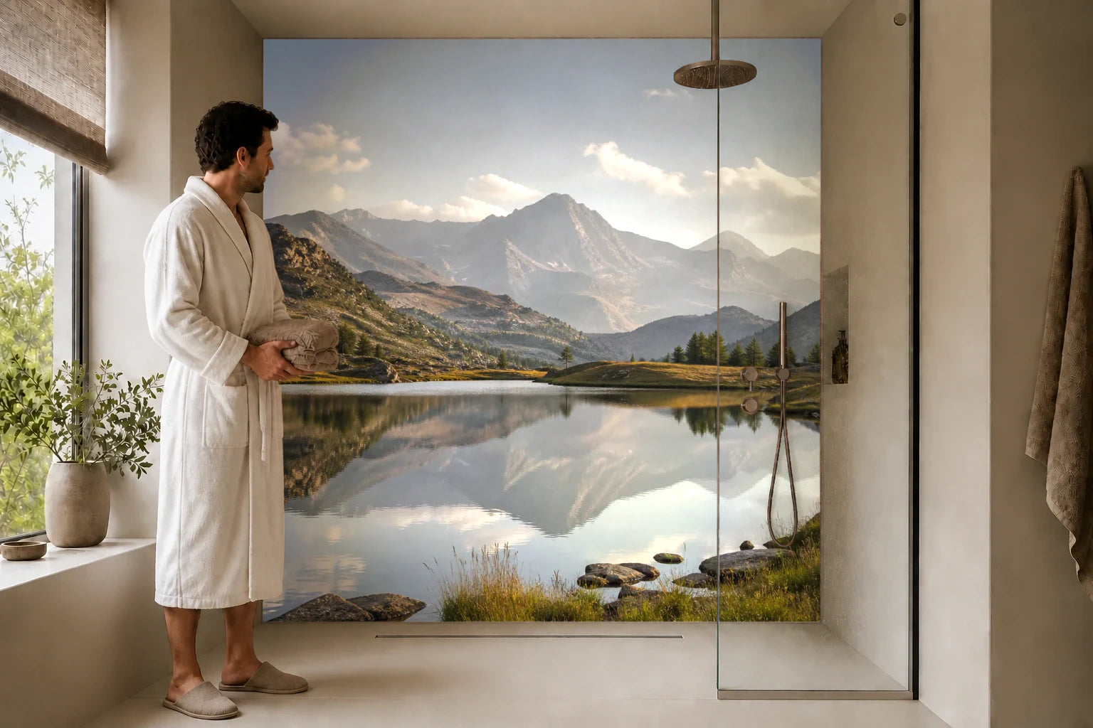 Duschrückwand „Morgenspiegel am Bergsee“ in einer Dusche mit einem Mann im Bademantel