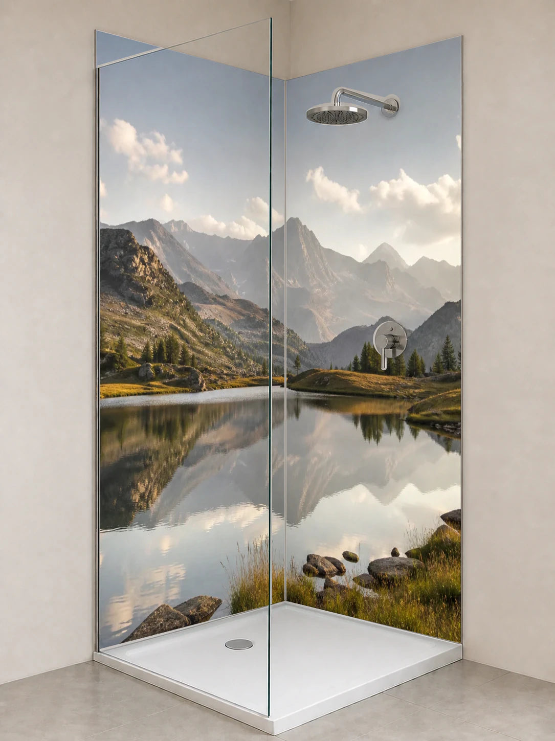 Duschrückwand „Morgenspiegel am Bergsee“ als installierte Rückwand in einer hellen Dusche