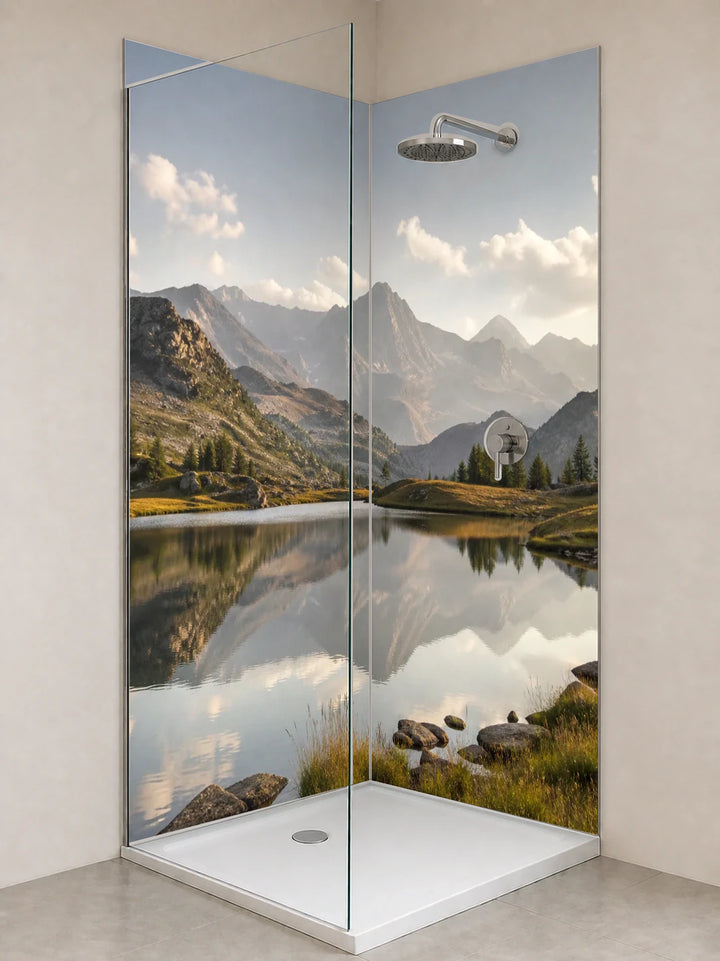 Duschrückwand „Morgenspiegel am Bergsee“ als installierte Rückwand in einer hellen Dusche