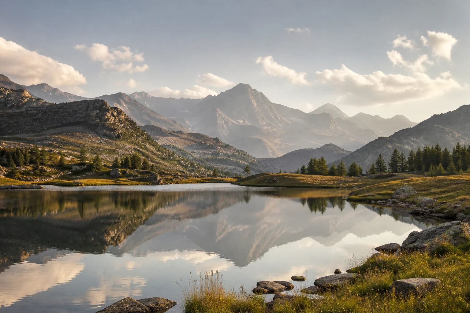 Motivvorschau „Morgenspiegel am Bergsee“ für Duschrückwand