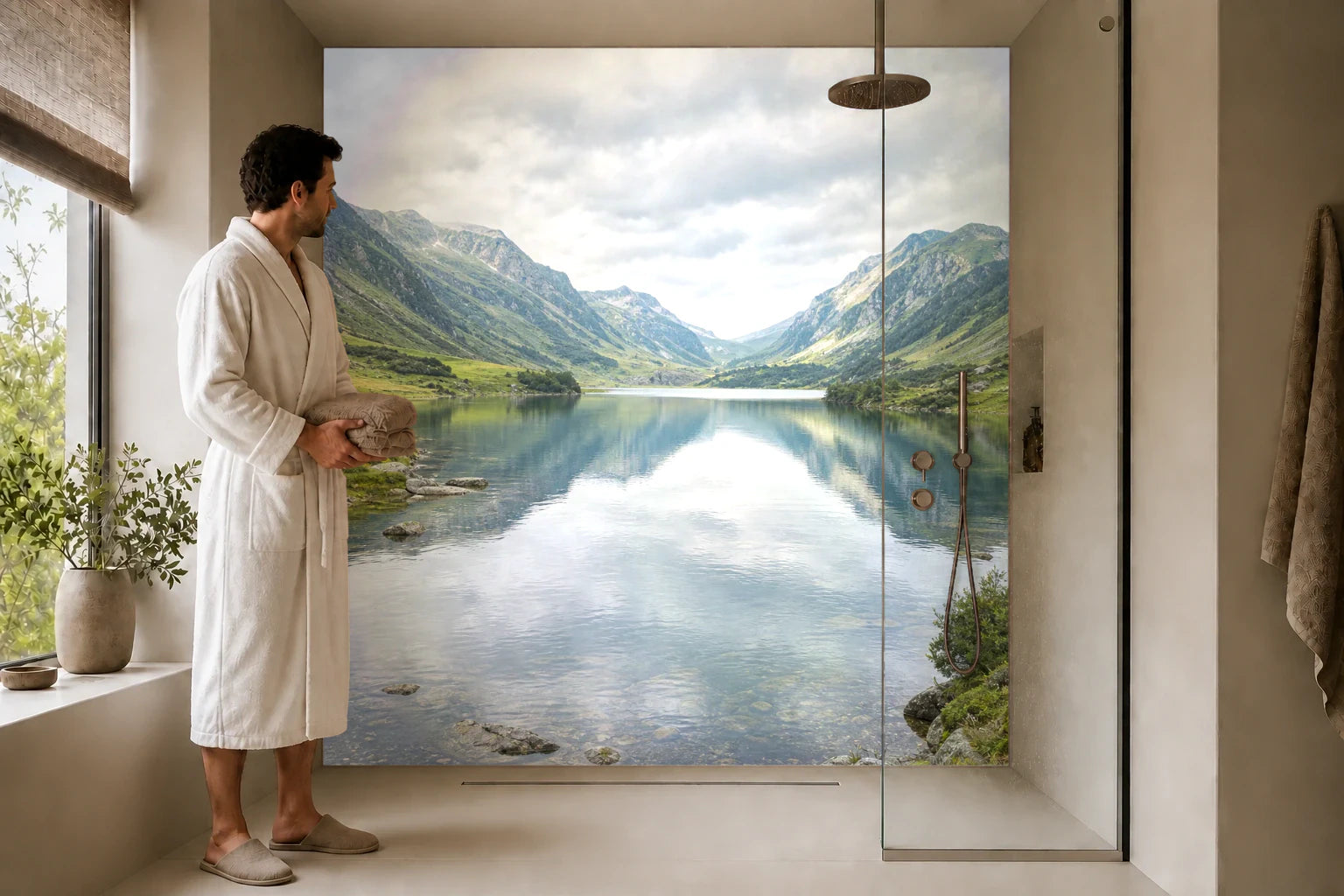 Duschrückwand „Fjordsee in stiller Tiefe“ in einer Dusche mit einem Mann im Bademantel