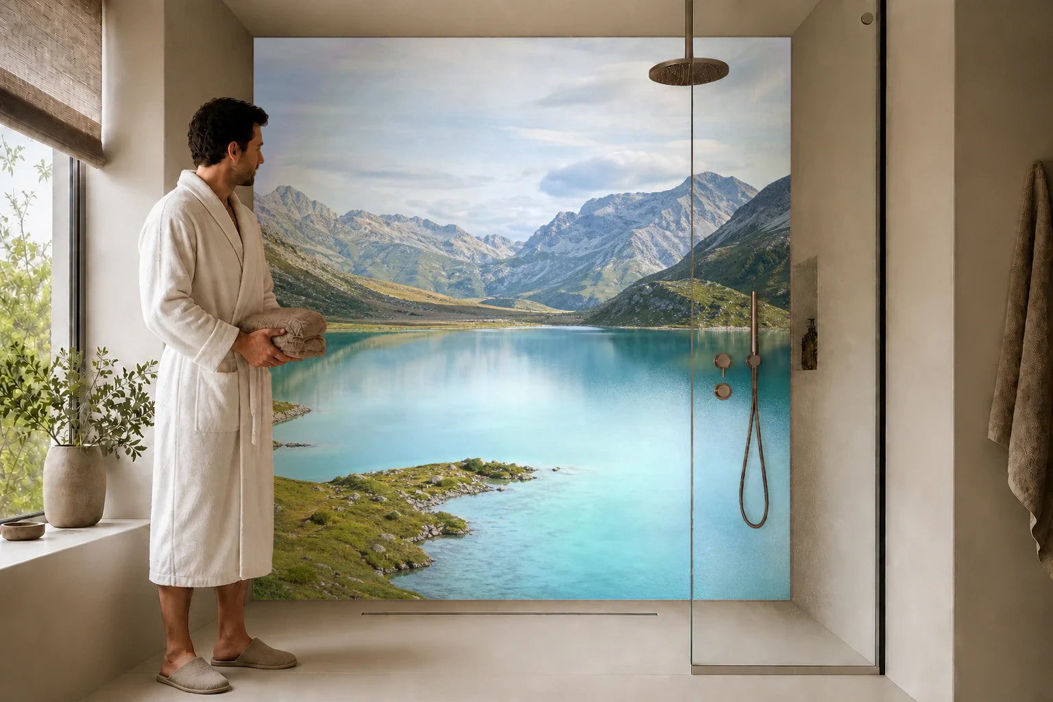 Duschrückwand „Hochsee unter stillen Gipfeln“ in einer Dusche mit einem Mann im Bademantel