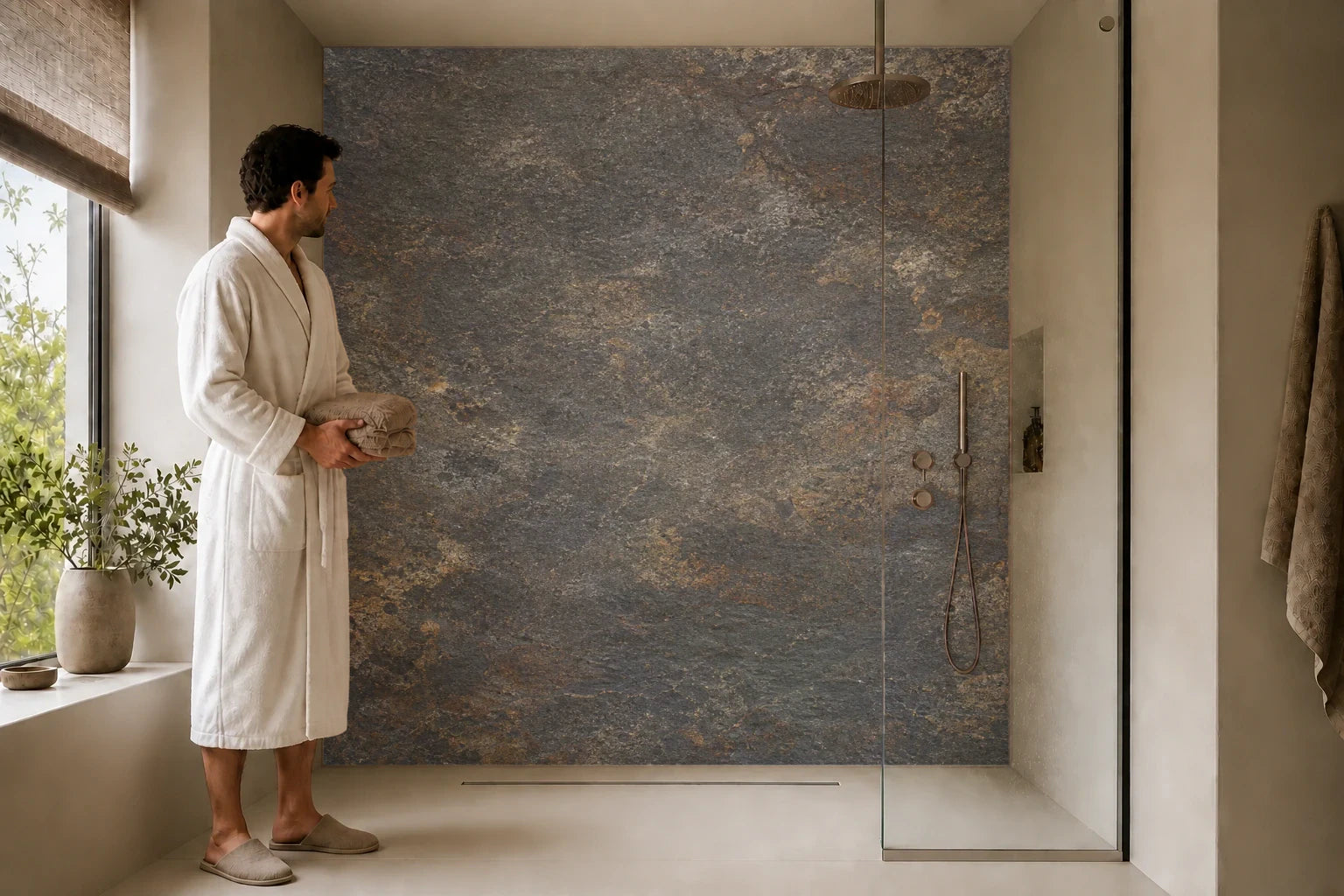 Duschrückwand „Eisenstein in Rostocker“ in einer Dusche mit einem Mann im Bademantel