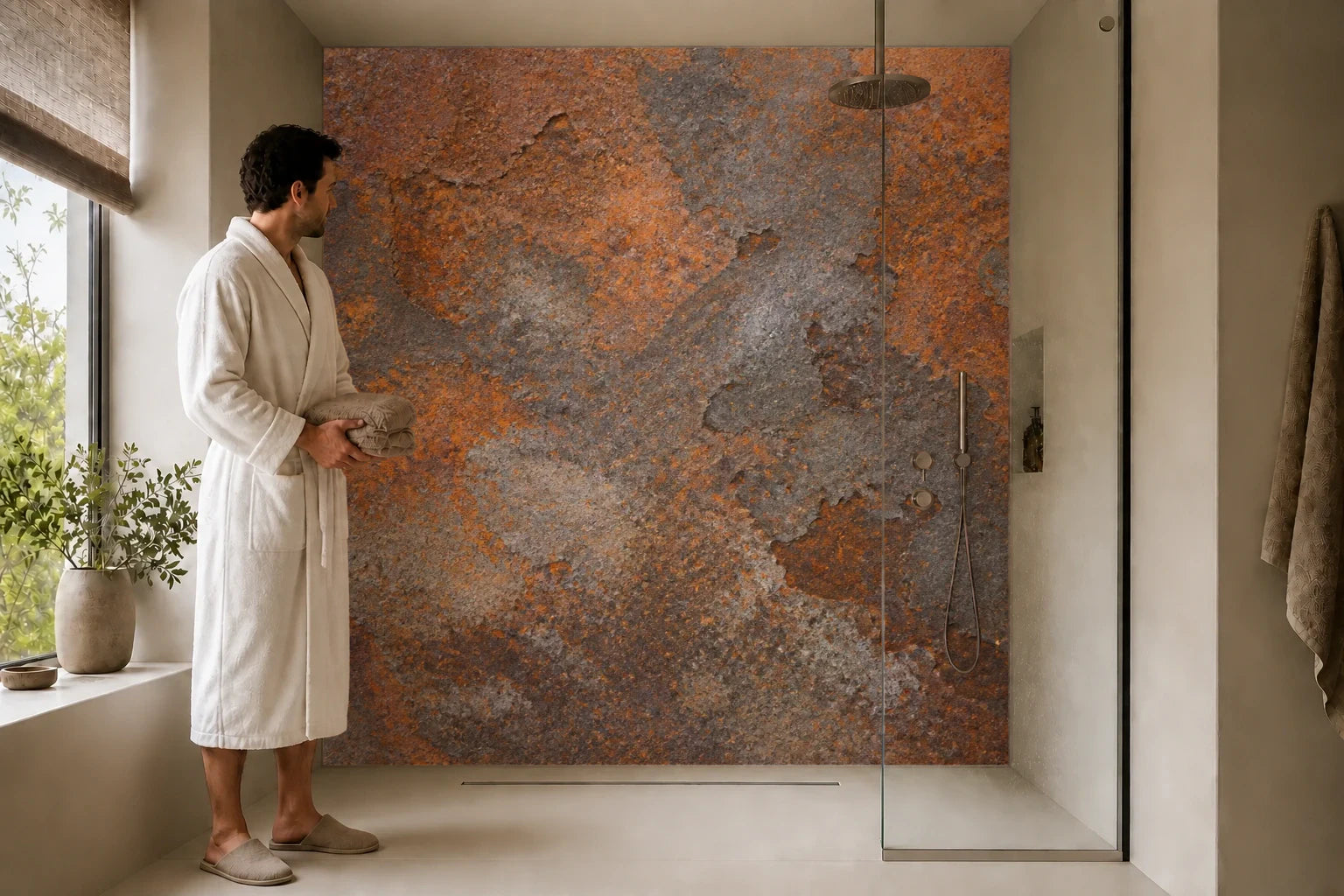 Duschrückwand „Rostpatina in Tieforange“ in einer Dusche mit einem Mann im Bademantel