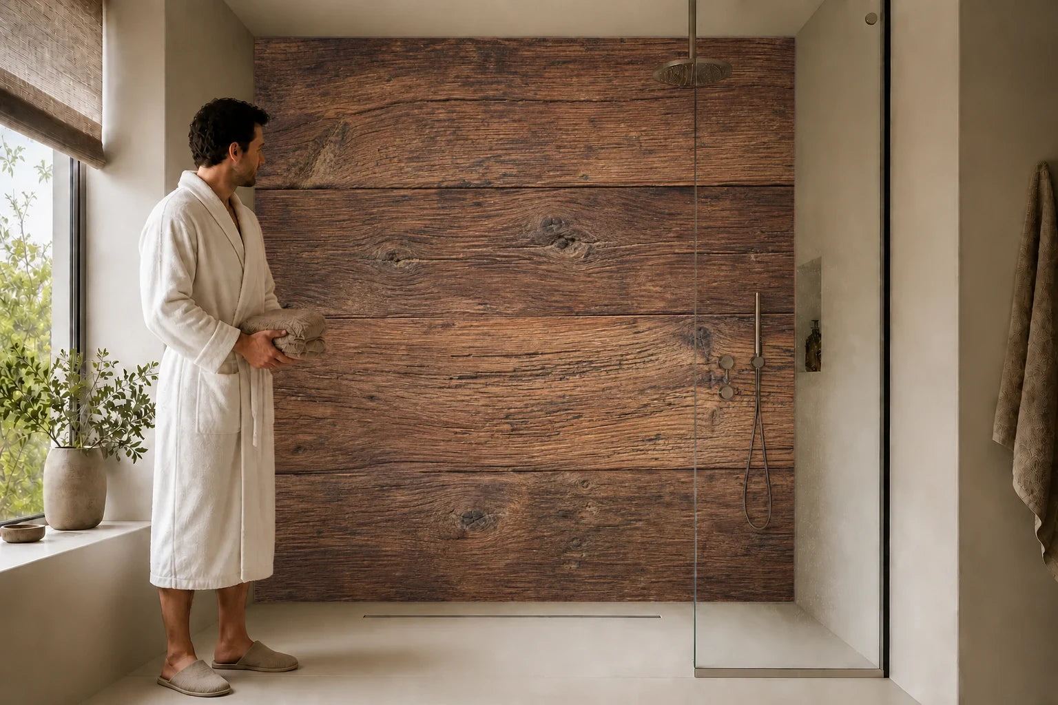 Duschrückwand „Altholz in Kastanienbraun“ in einer Dusche mit einem Mann im Bademantel