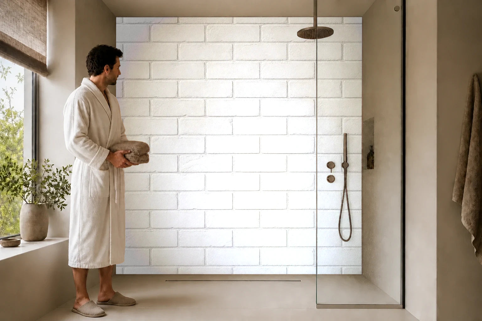 Duschrückwand „Mattweiße Ziegelruhe“ in einer Dusche mit einem Mann im Bademantel