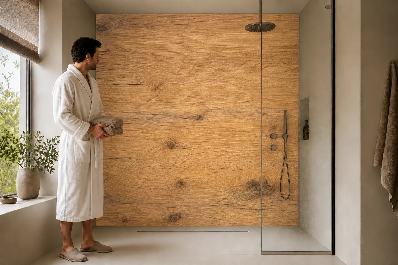 Duschrückwand „Eichenkern in warmem Braun“ in einer Dusche mit einem Mann im Bademantel