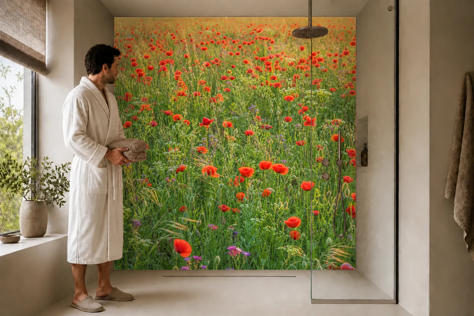 Duschrückwand „Mohnmeer im Abendhauch“ in einer Dusche mit einem Mann im Bademantel