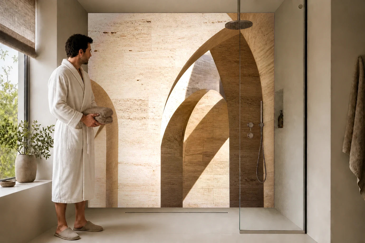 Duschrückwand „Travertinbögen im Mittagslicht“ in einer Dusche mit einem Mann im Bademantel