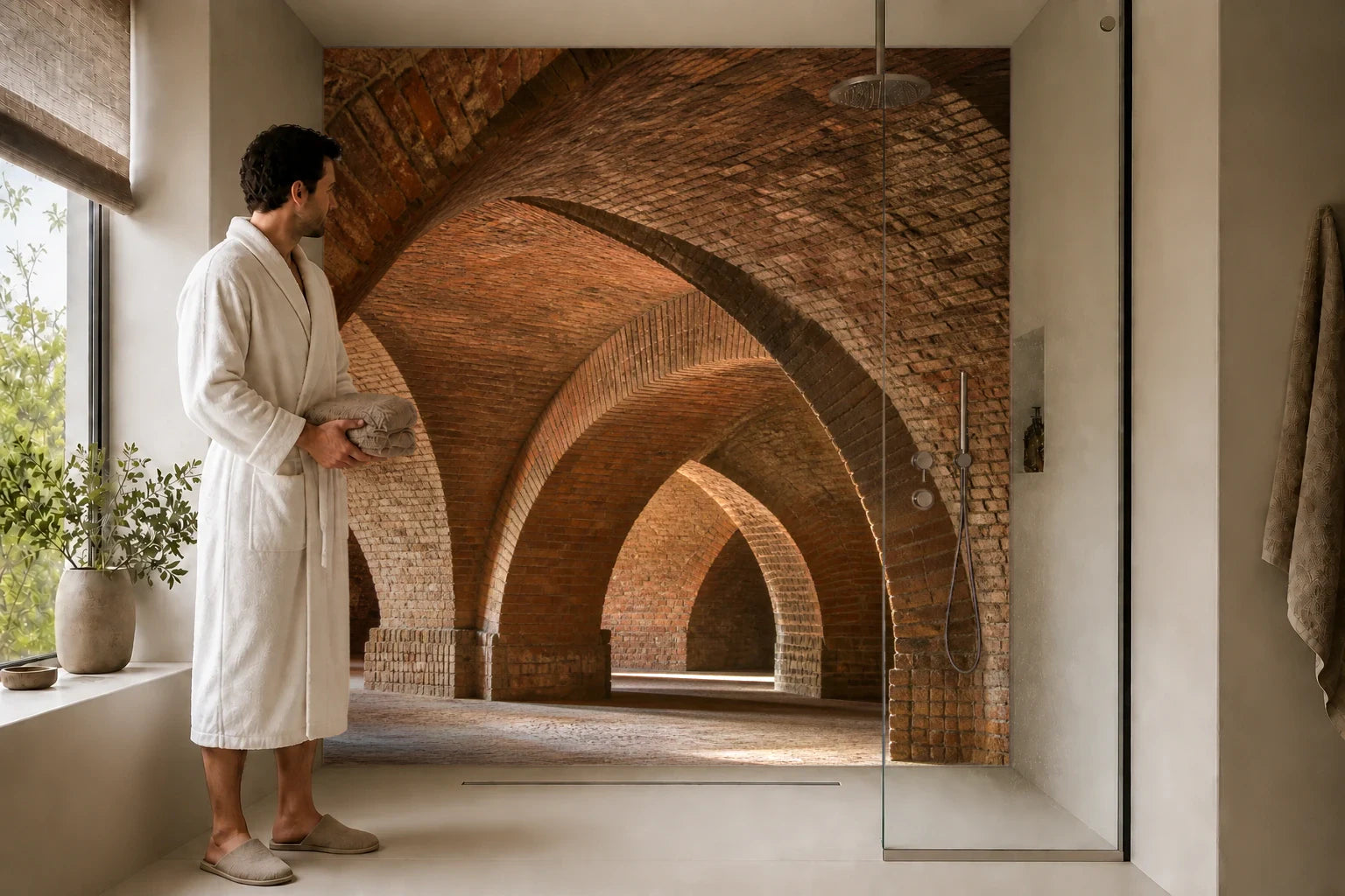 Duschrückwand „Ziegelgewölbe im warmen Schatten“ in einer Dusche mit einem Mann im Bademantel