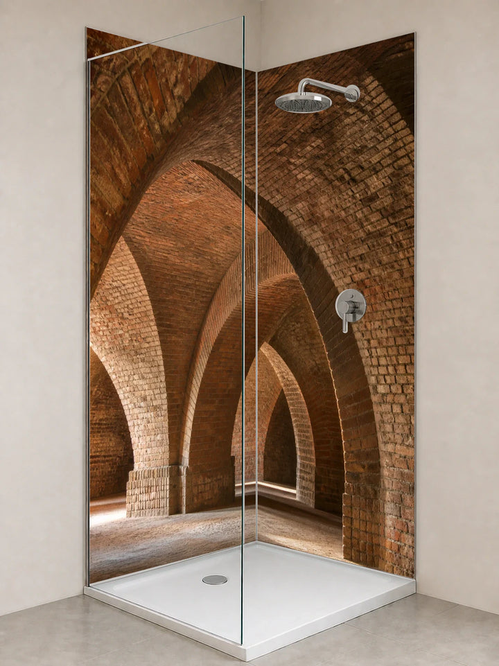 Duschrückwand „Ziegelgewölbe im warmen Schatten“ als installierte Rückwand in einer hellen Dusche
