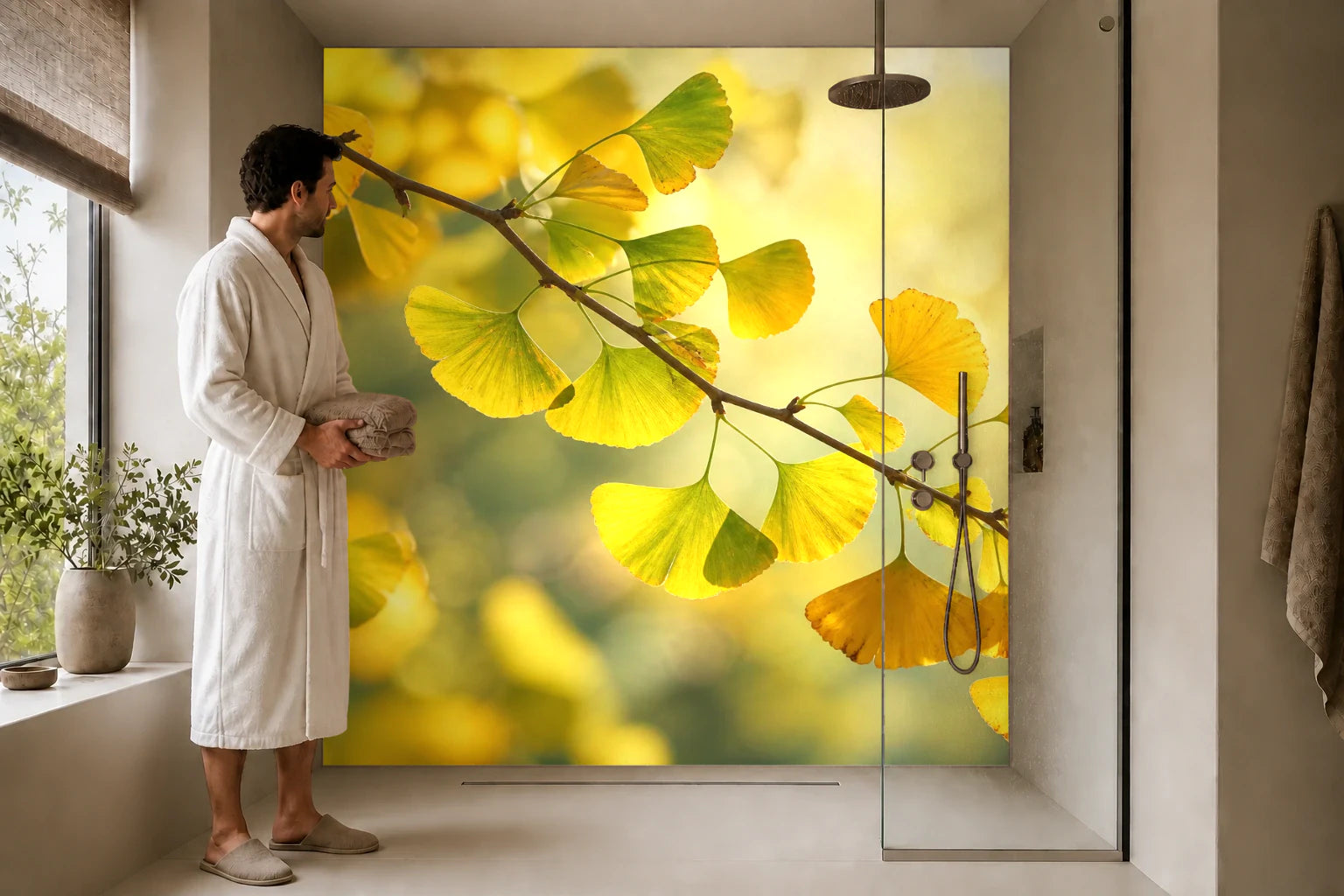 Duschrückwand „Ginkgogold im Gegenlicht“ in einer Dusche mit einem Mann im Bademantel