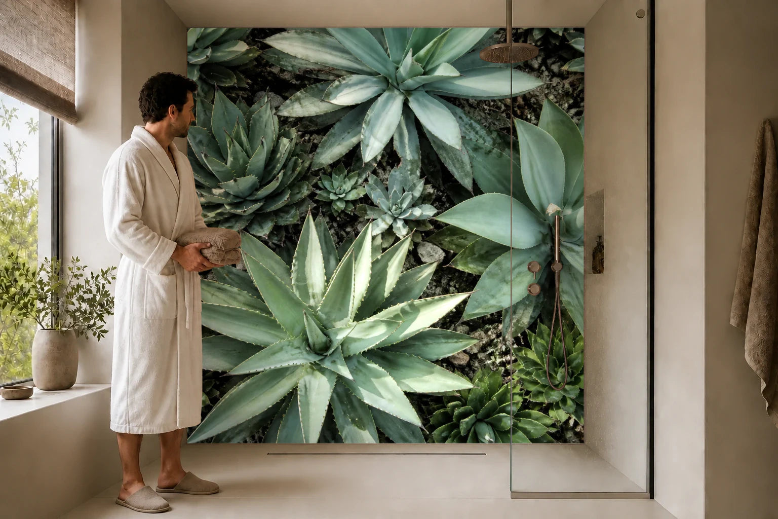 Duschrückwand „Agavengeometrie in Salbeigrün“ in einer Dusche mit einem Mann im Bademantel
