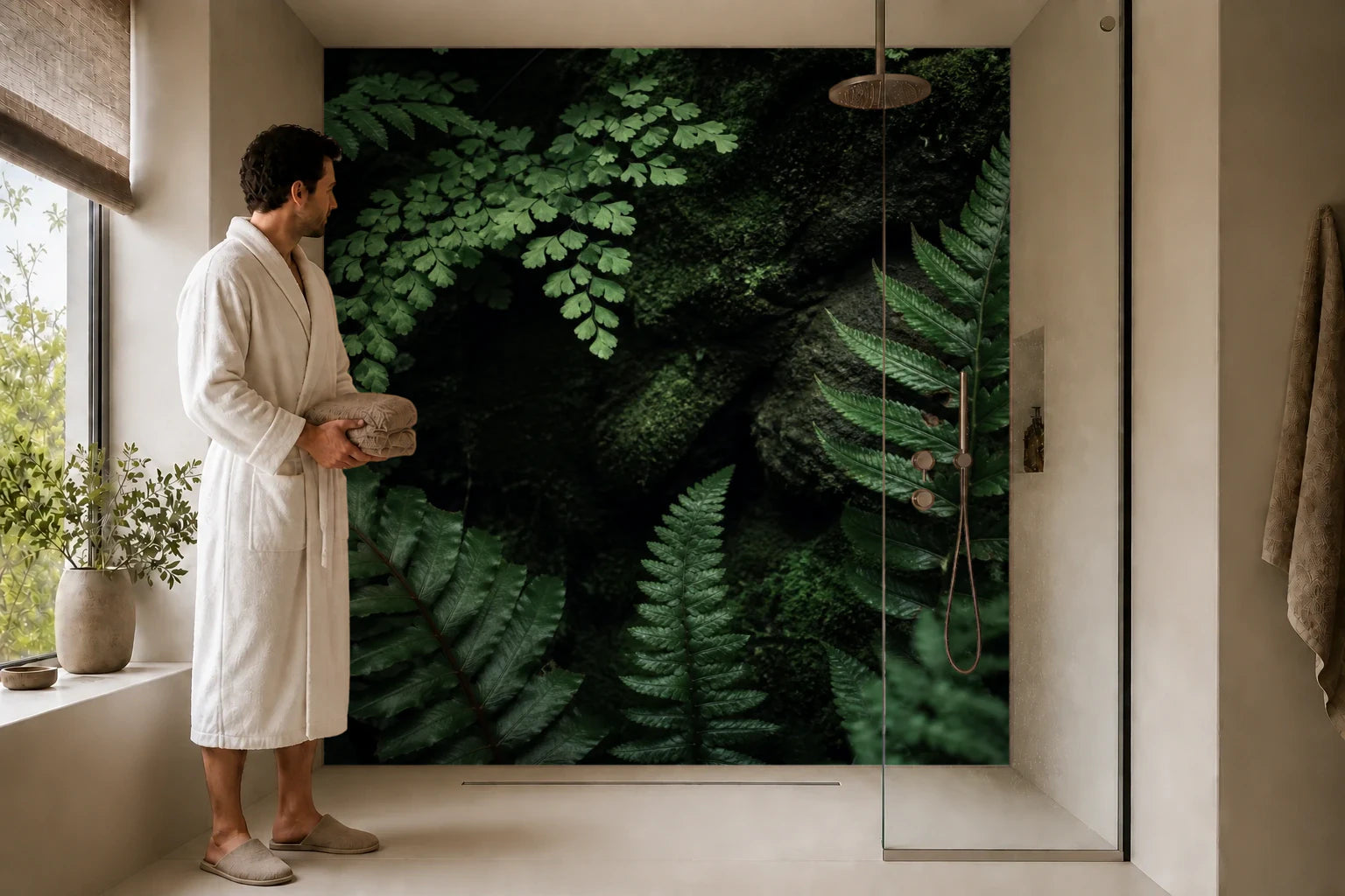 Duschrückwand „Farnschleier in dunklem Grün“ in einer Dusche mit einem Mann im Bademantel