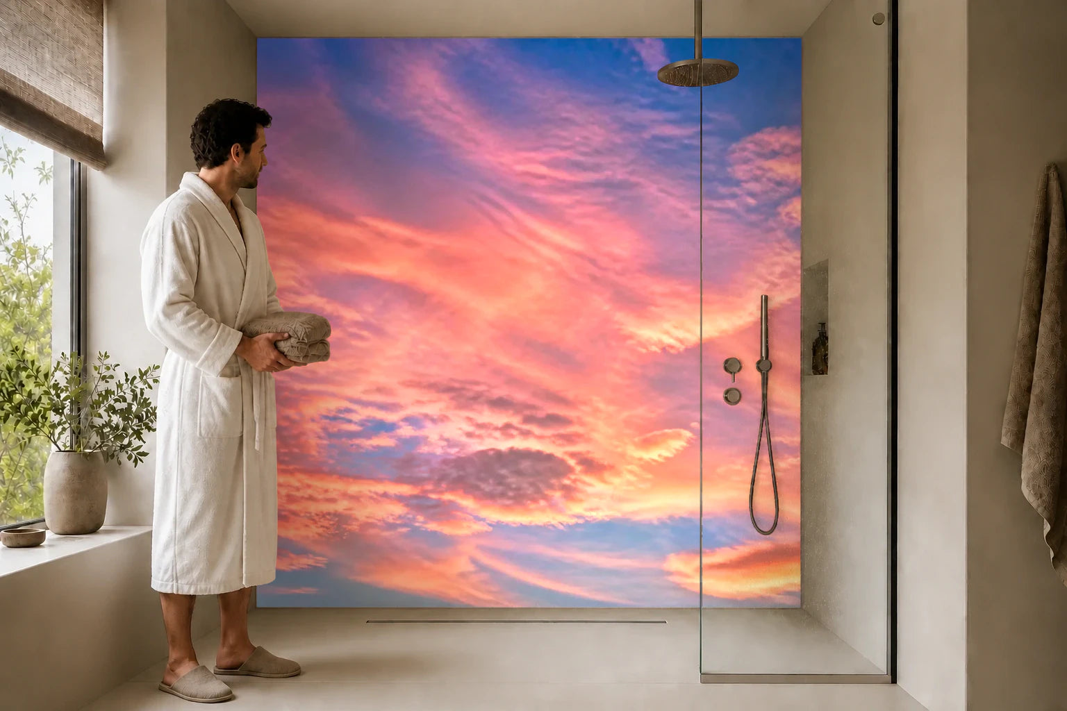 Duschrückwand „Rosenglut in hohen Wolken“ in einer Dusche mit einem Mann im Bademantel