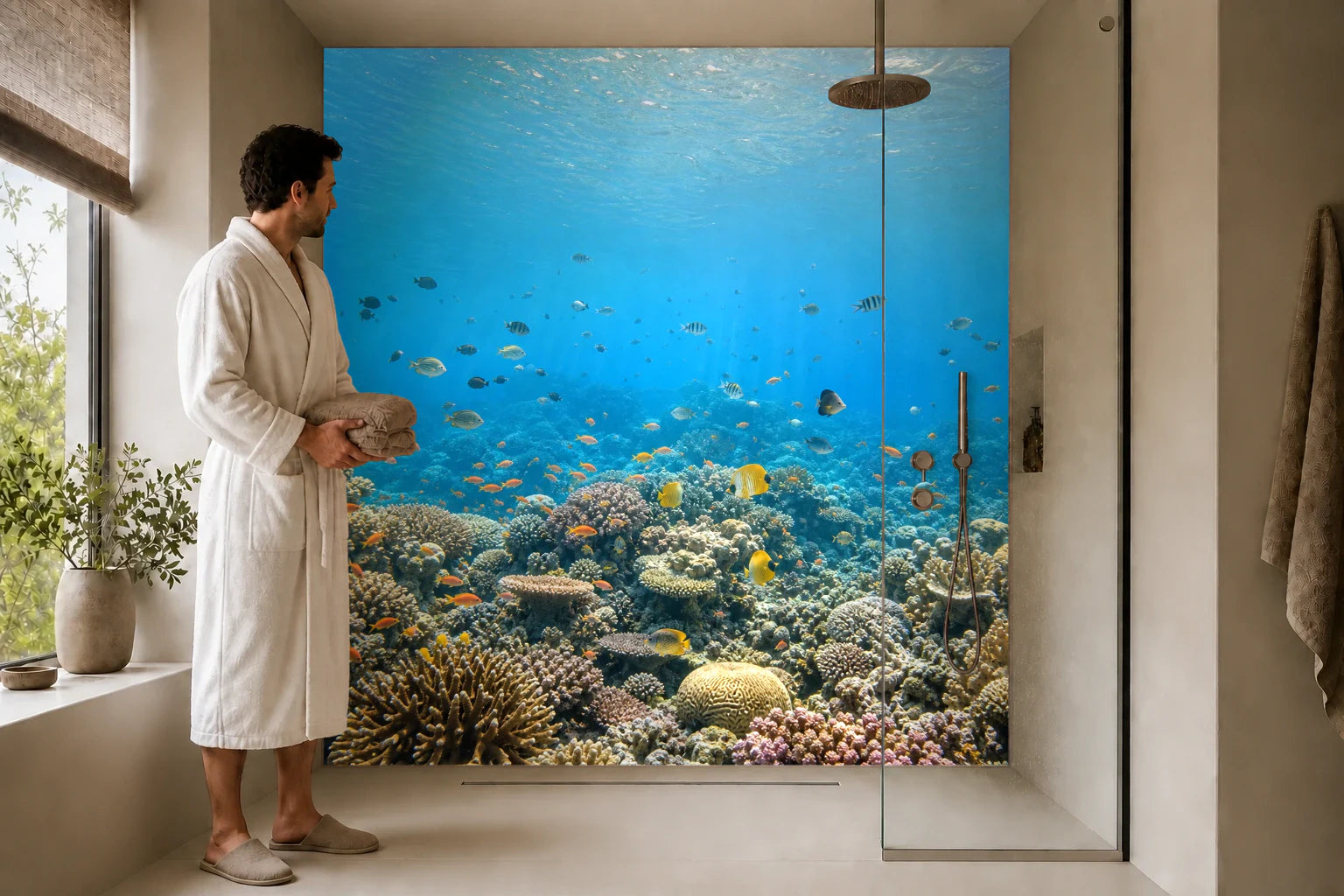Duschrückwand „Korallenlicht und Meeresfische“ in einer Dusche mit einem Mann im Bademantel