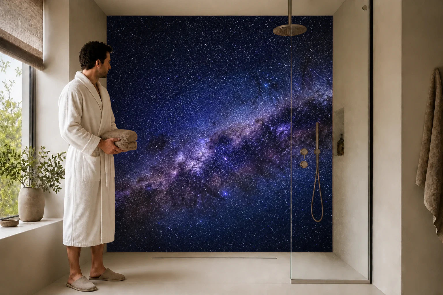 Duschrückwand „Sternenstrom über tiefblauer Nacht“ in einer Dusche mit einem Mann im Bademantel