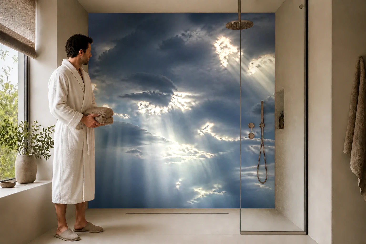 Duschrückwand „Silberne Lichtstrahlen im Sturm“ in einer Dusche mit einem Mann im Bademantel