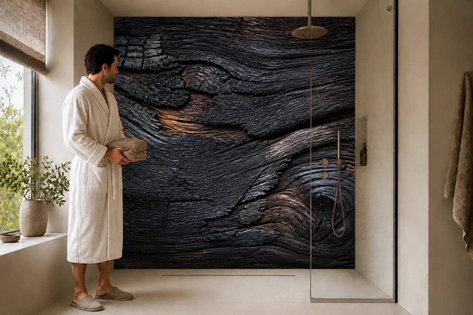 Duschrückwand „Verkohlte Eiche mit Silberglanz“ in einer Dusche mit einem Mann im Bademantel