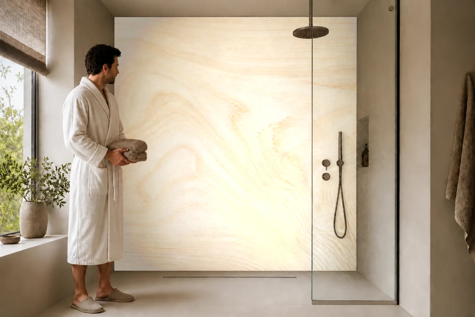 Duschrückwand „Helle Esche mit ruhigem Fluss“ in einer Dusche mit einem Mann im Bademantel