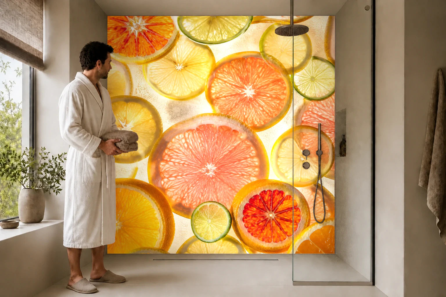 Duschrückwand „Zitrusfenster im Sonnenlicht“ in einer Dusche mit einem Mann im Bademantel
