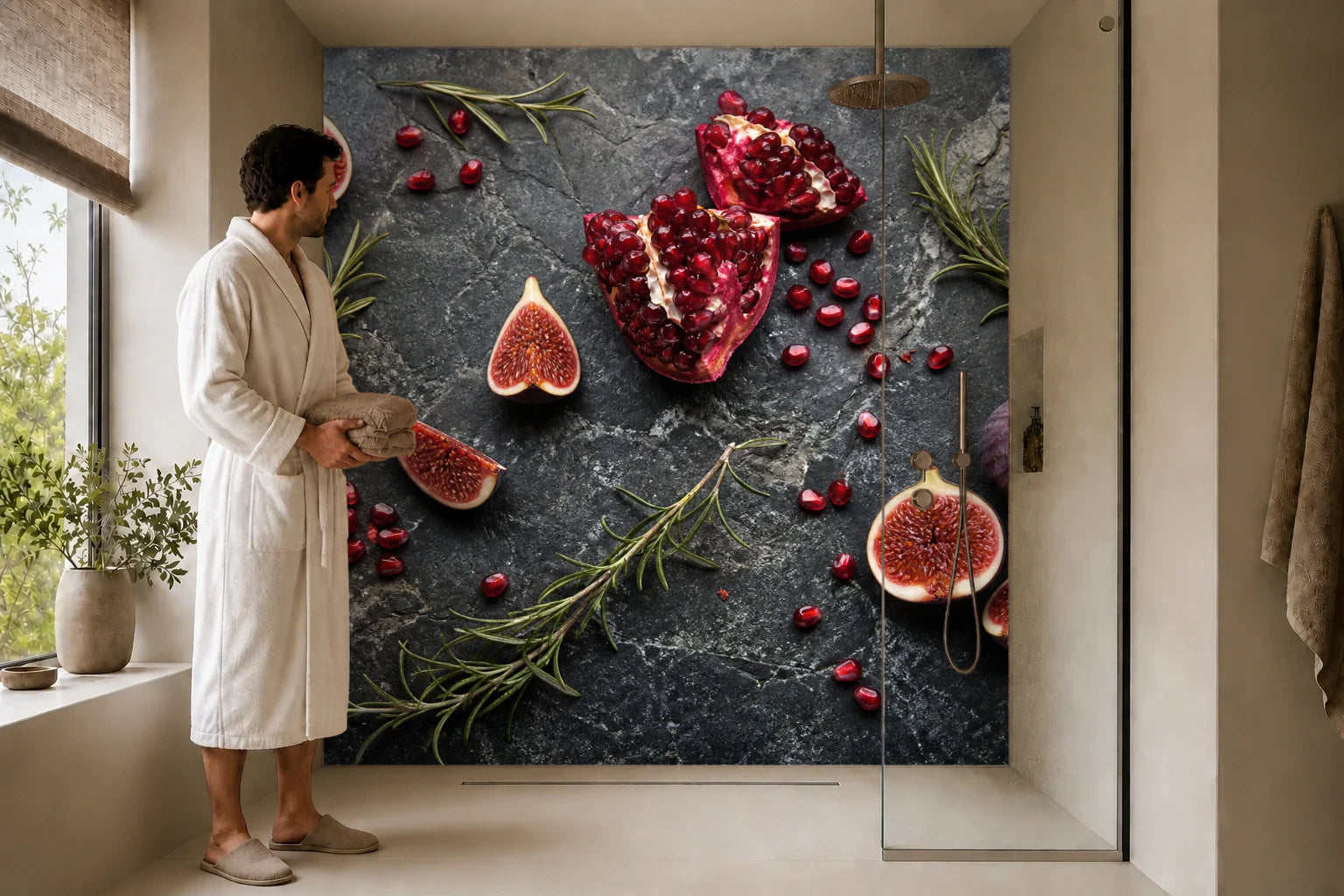 Duschrückwand „Feigen, Granatapfel und Rosmarin“ in einer Dusche mit einem Mann im Bademantel