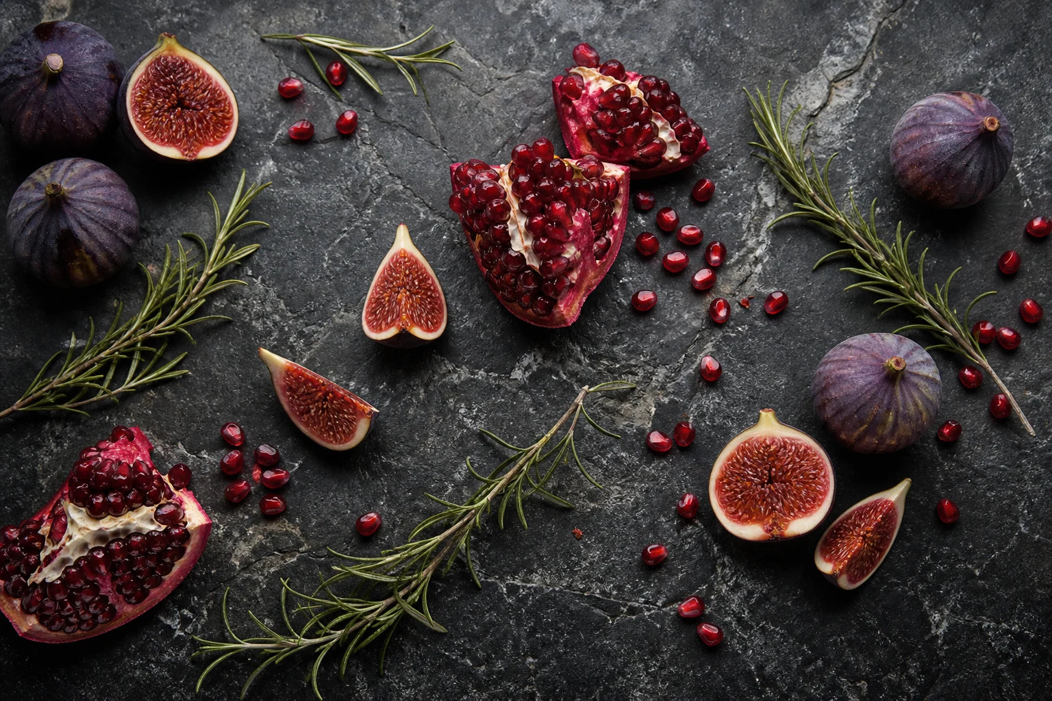 Motivvorschau „Feigen, Granatapfel und Rosmarin“ für Duschrückwand