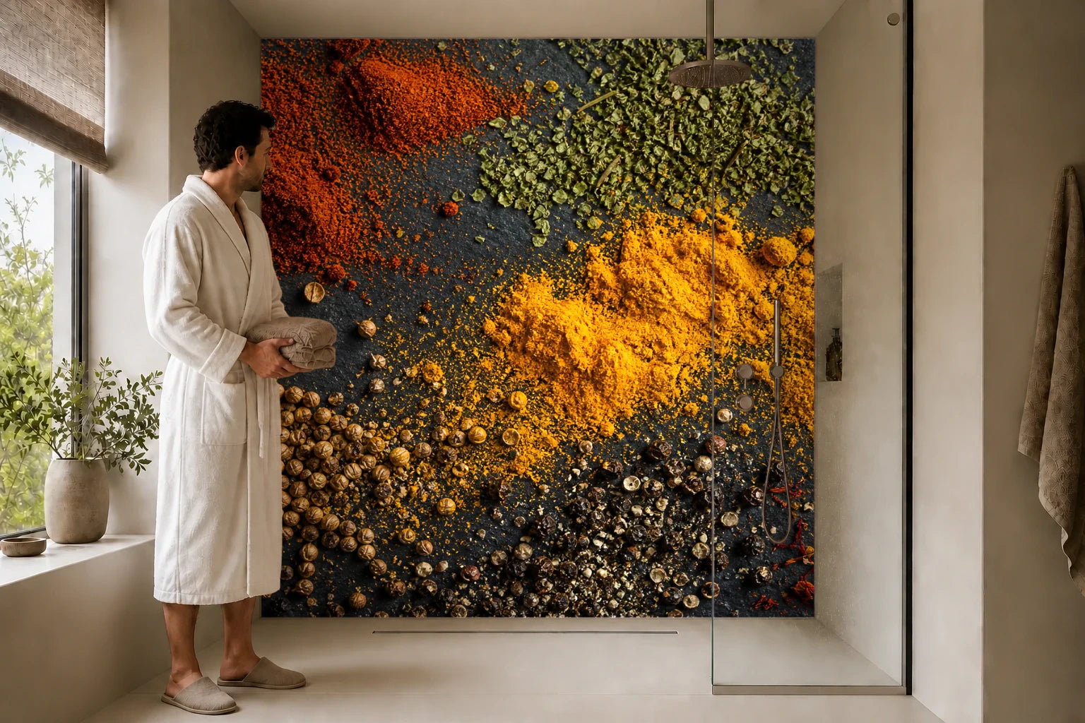 Duschrückwand „Gewürzfarben auf dunklem Stein“ in einer Dusche mit einem Mann im Bademantel
