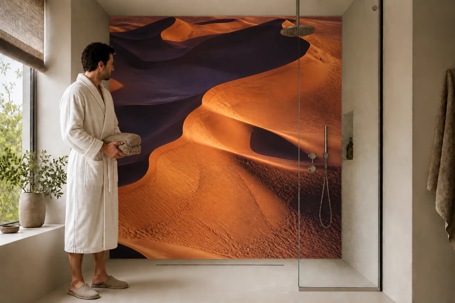 Duschrückwand „Wüstenfalten im Abendkupfer“ in einer Dusche mit einem Mann im Bademantel