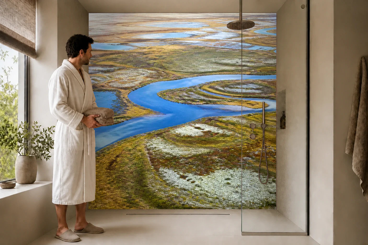 Duschrückwand „Taufluss durch die Tundra“ in einer Dusche mit einem Mann im Bademantel