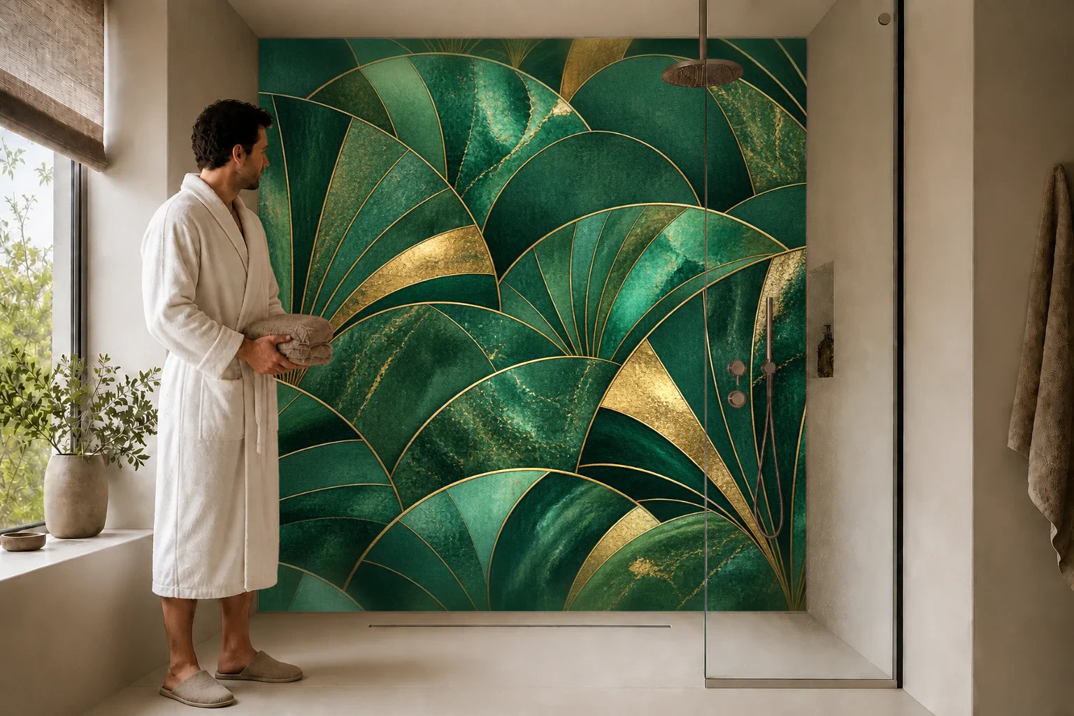 Duschrückwand „Smaragdfächer mit Messinglinien“ in einer Dusche mit einem Mann im Bademantel