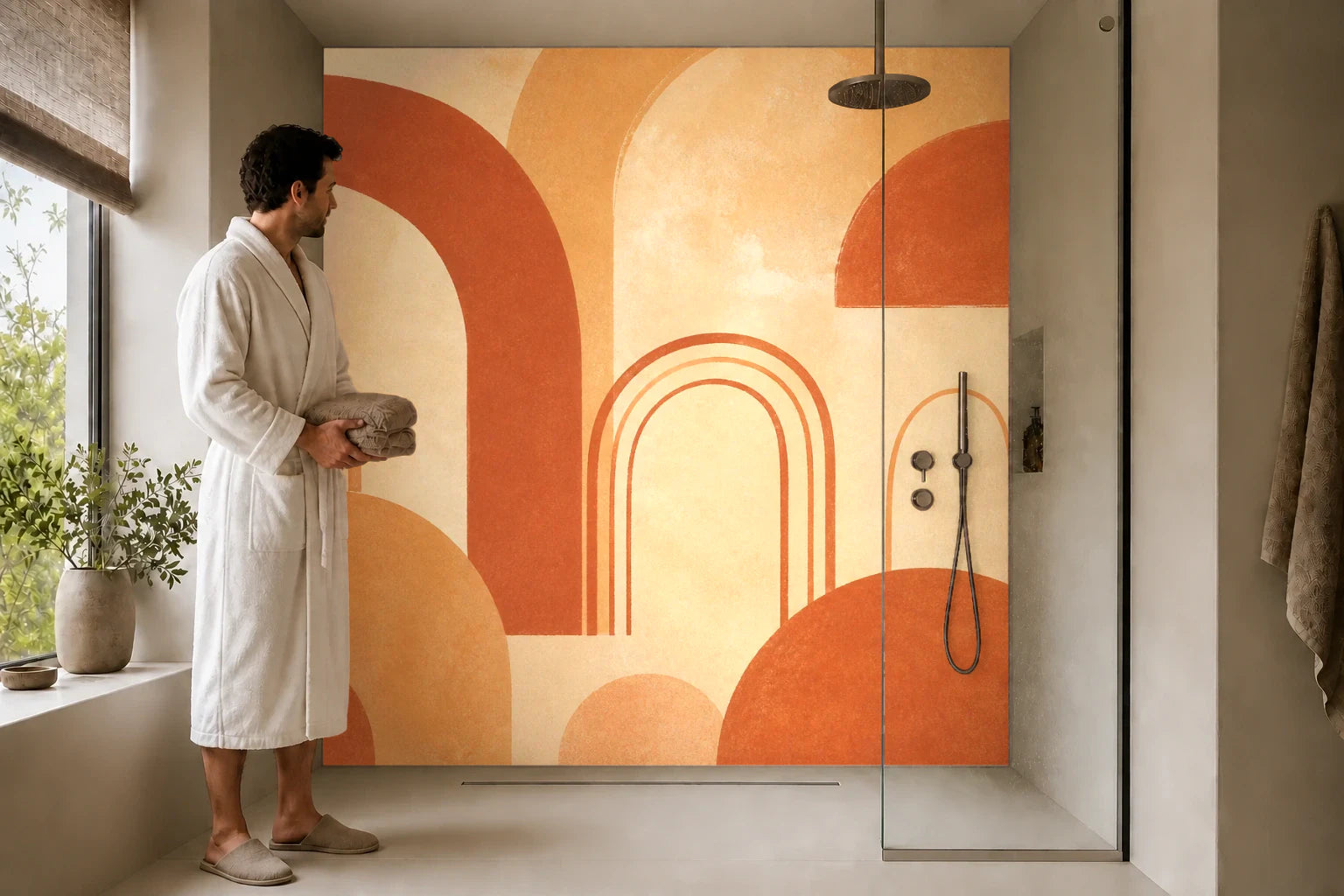 Duschrückwand „Terrakottabögen im Sandrhythmus“ in einer Dusche mit einem Mann im Bademantel
